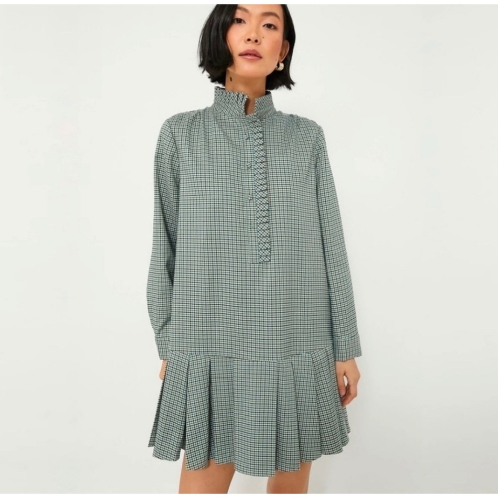 Tuckernuck Palladian Check Tate Dress Womens S Pleated Preppy Luxury Ruffle Neck